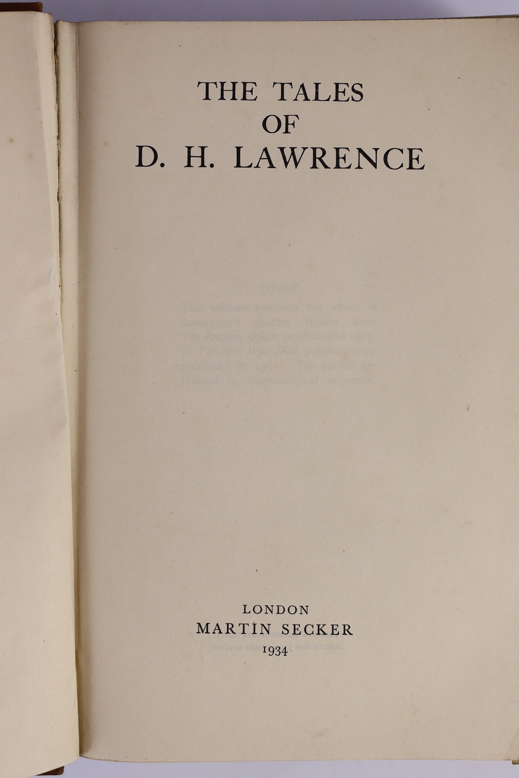 Lawrence, D.H - 2 Works - The Rainbow, 1st edition, 8vo, original cloth, Methuen & Co. Ltd., London, 1915 and The Tales of D.H. Lawrence, 8vo, original cloth, Martin Secker, London, 1934